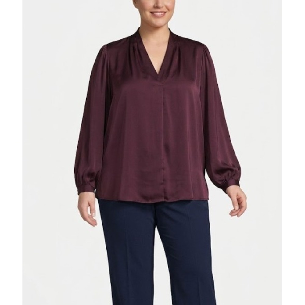 Chico's Blouse size XL/3 Purple Burgundy V-Neck Satin Long Sleeve Popover Preppy